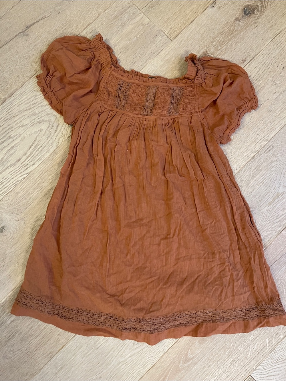 Free People Rust Puff-Sleeve Cotton Mini Dress